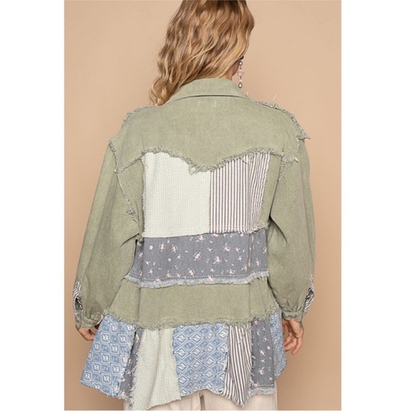 POL | NIP Sage 100% Cotton Color Block Mixed Print Raw Edges Patchwork Jacket M - Picture 6 of 9